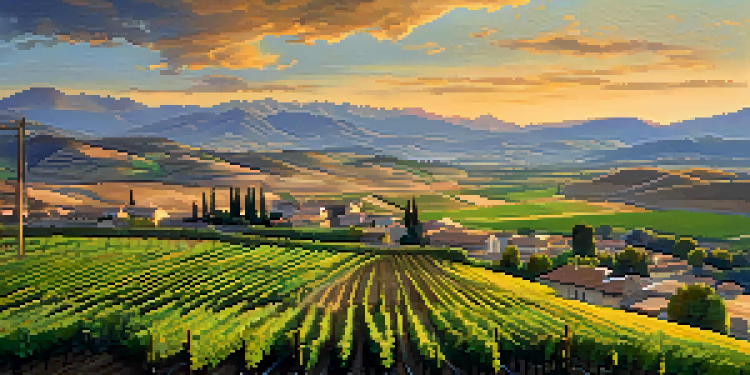 A beautiful landscape seen from a train window, featuring rolling hills, vineyards, and a sunset sky.