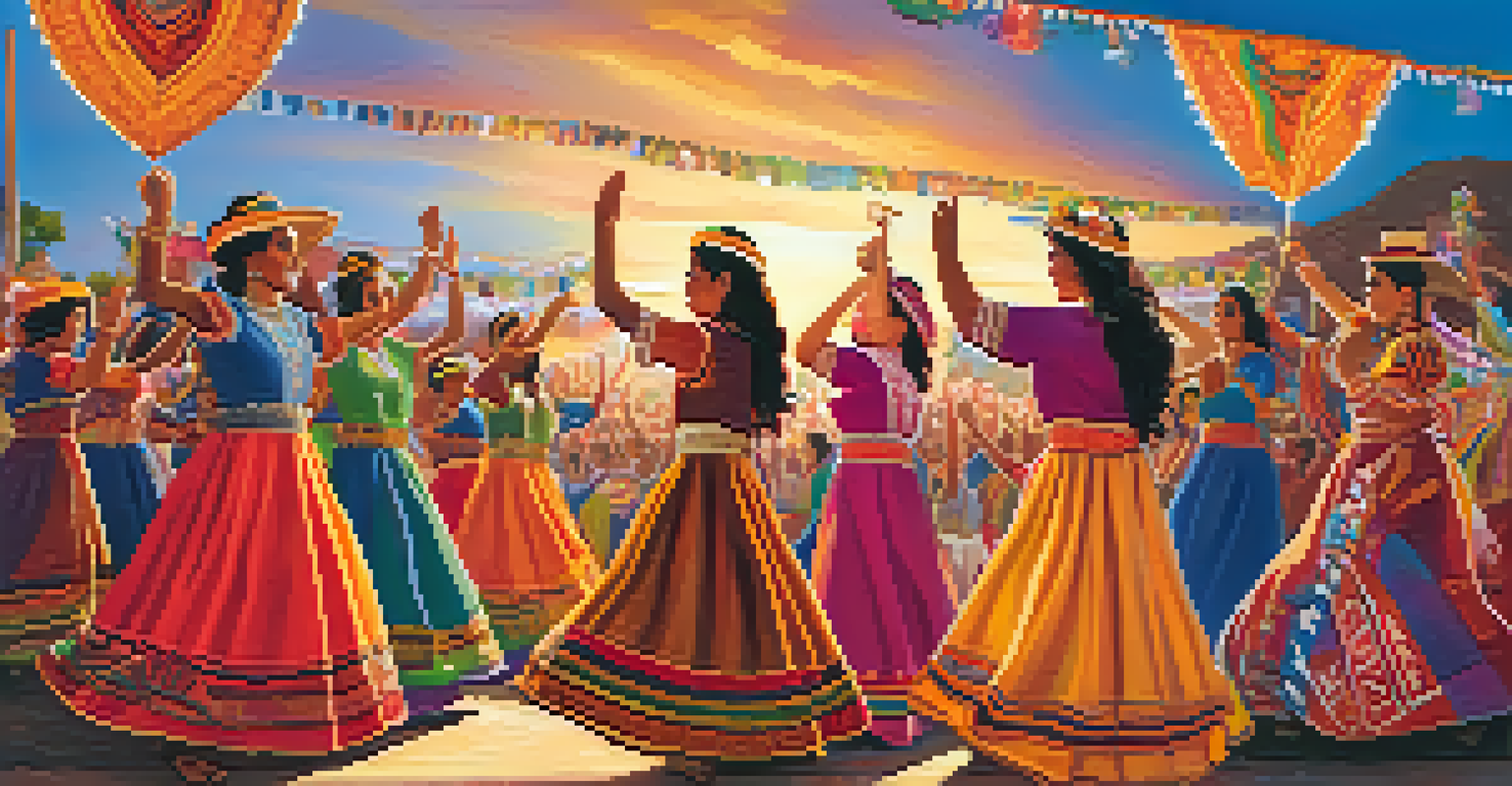 A lively festival celebrating Las Tres Hermanas with people dancing and colorful decorations, highlighting community spirit and empowerment.