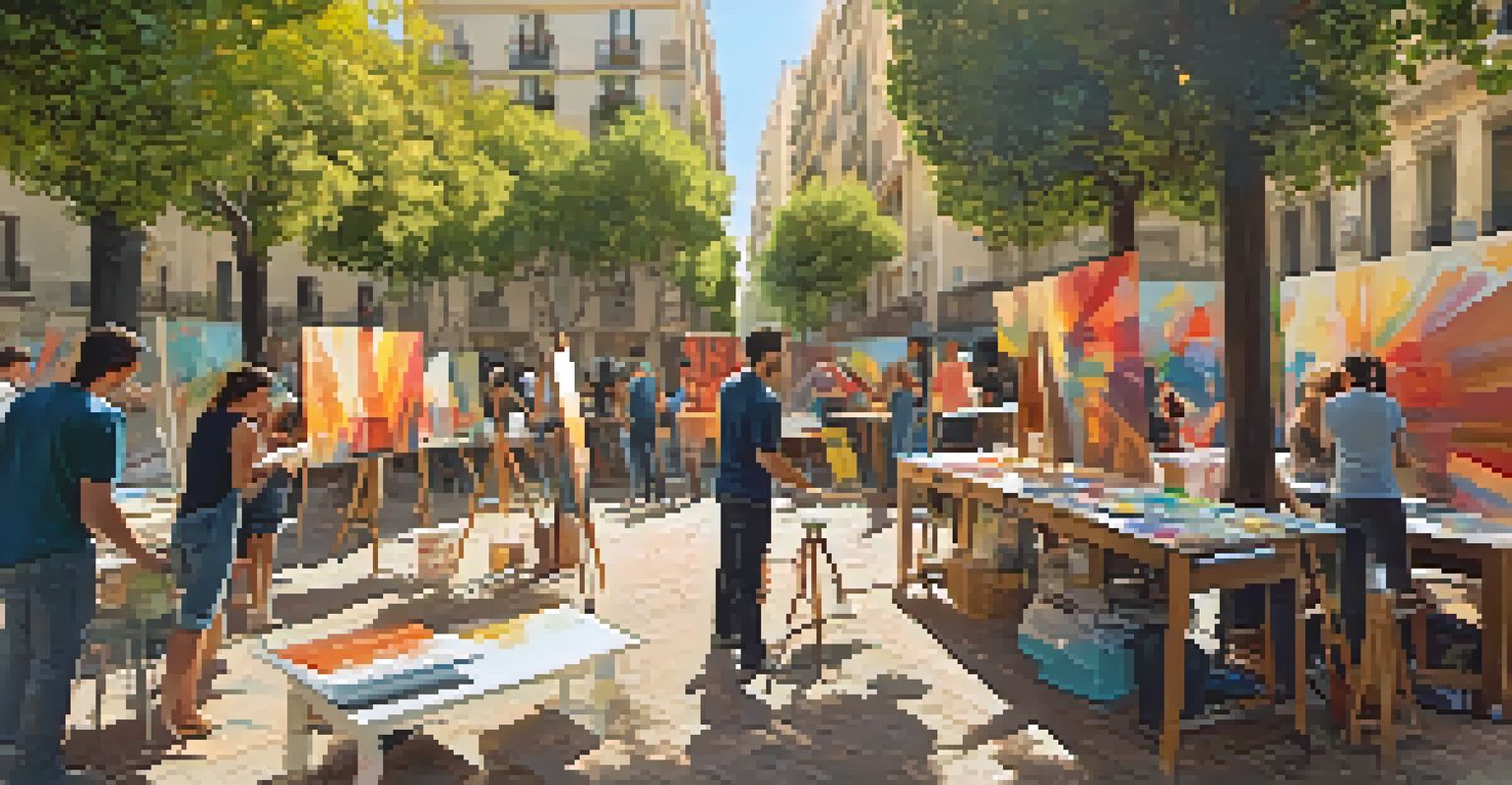 Artists collaborating on a mural in Gràcia, Barcelona, surrounded by paint and creativity.