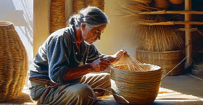 An artisan weaving a traditional basket with esparto grass, showcasing intricate weaving techniques in a sunlit workshop.