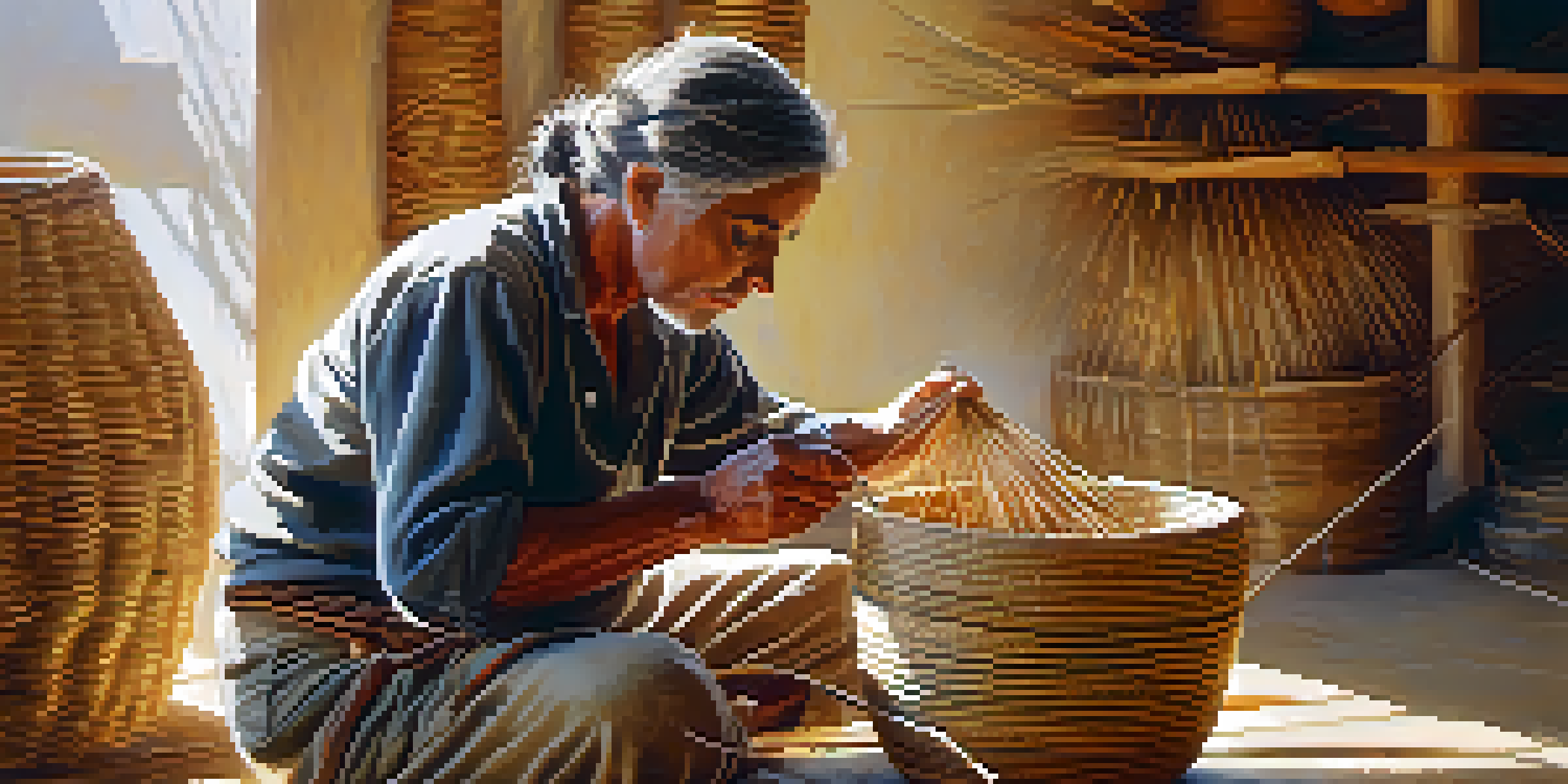 An artisan weaving a traditional basket with esparto grass, showcasing intricate weaving techniques in a sunlit workshop.