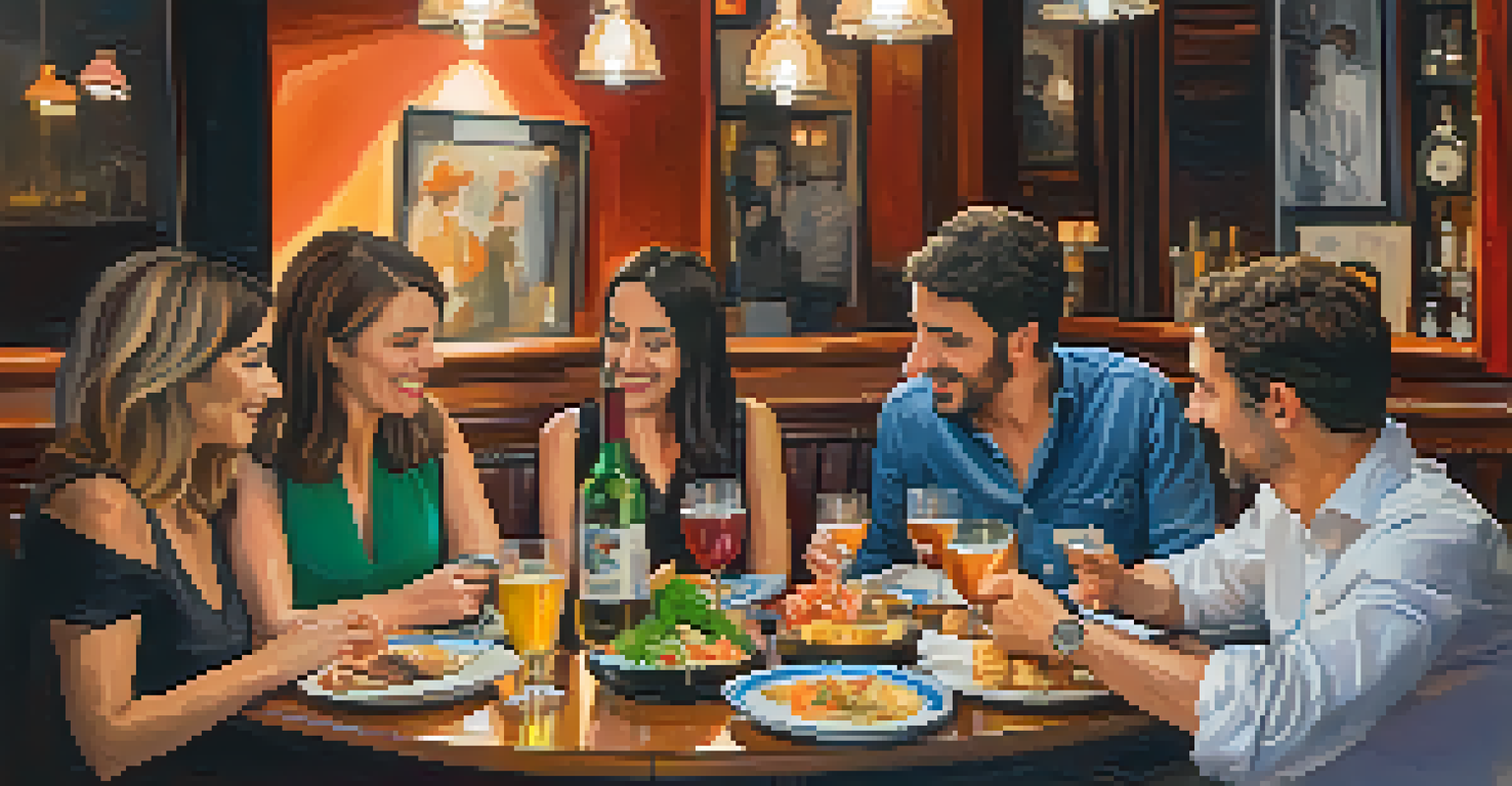 A cozy tapas bar scene in Madrid with a diverse group of friends sharing food and enjoying the lively atmosphere under warm lighting.