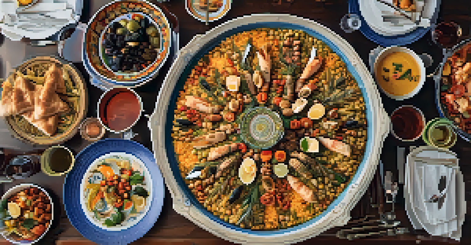 An overhead view of a dining table set with a paella dish and tapas, showcasing a colorful and inviting Spanish meal.
