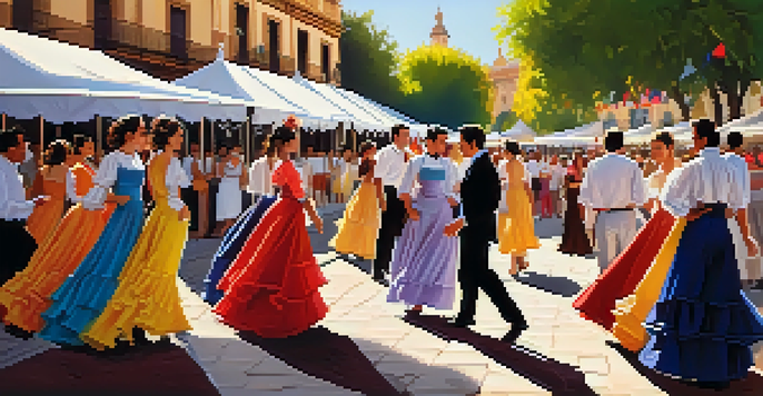 A lively street scene in Seville filled with colorful traditional dresses and flamenco dancers during the Feria de Abril festival.