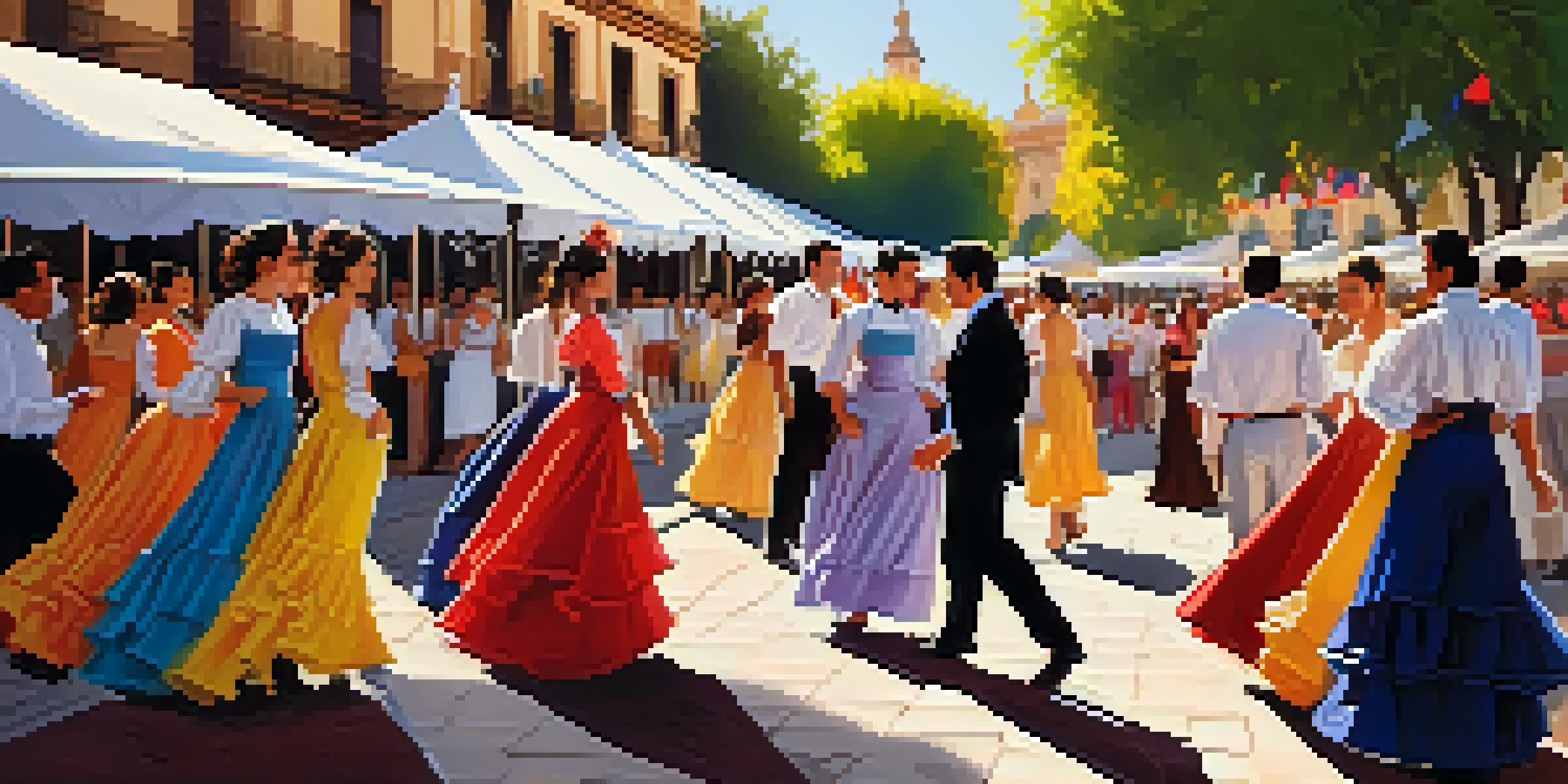 A lively street scene in Seville filled with colorful traditional dresses and flamenco dancers during the Feria de Abril festival.