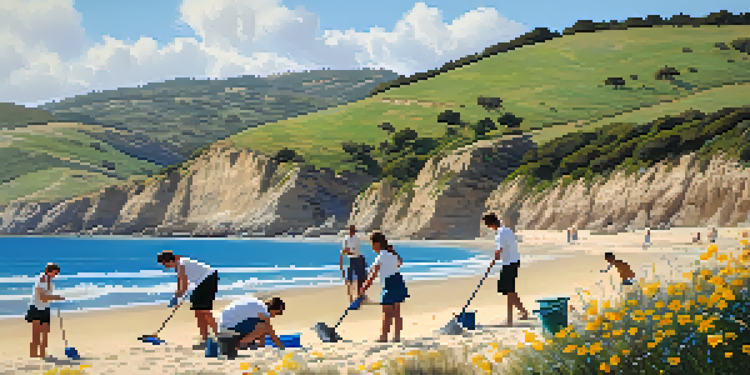 A group of volunteers cleaning a sandy beach in Spain with gentle waves and green hills in the background.