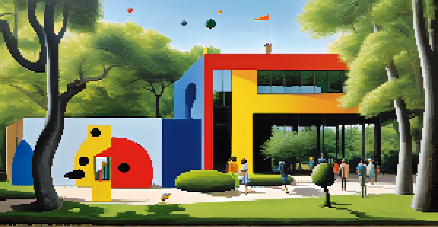 The Fundació Joan Miró in Barcelona, surrounded by greenery, showcasing colorful sculptures and modern architecture.