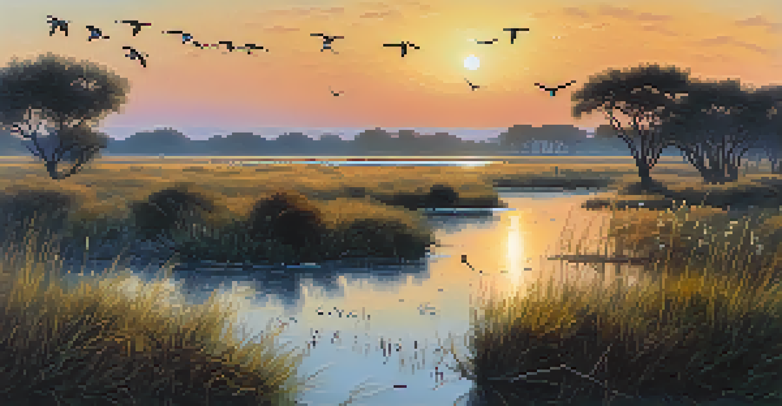A peaceful landscape of Doñana National Park with wetlands, wildflowers, and migratory birds at sunset.
