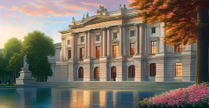 A picturesque view of the Museo del Prado at sunset, showcasing its neoclassical architecture and surrounding gardens.