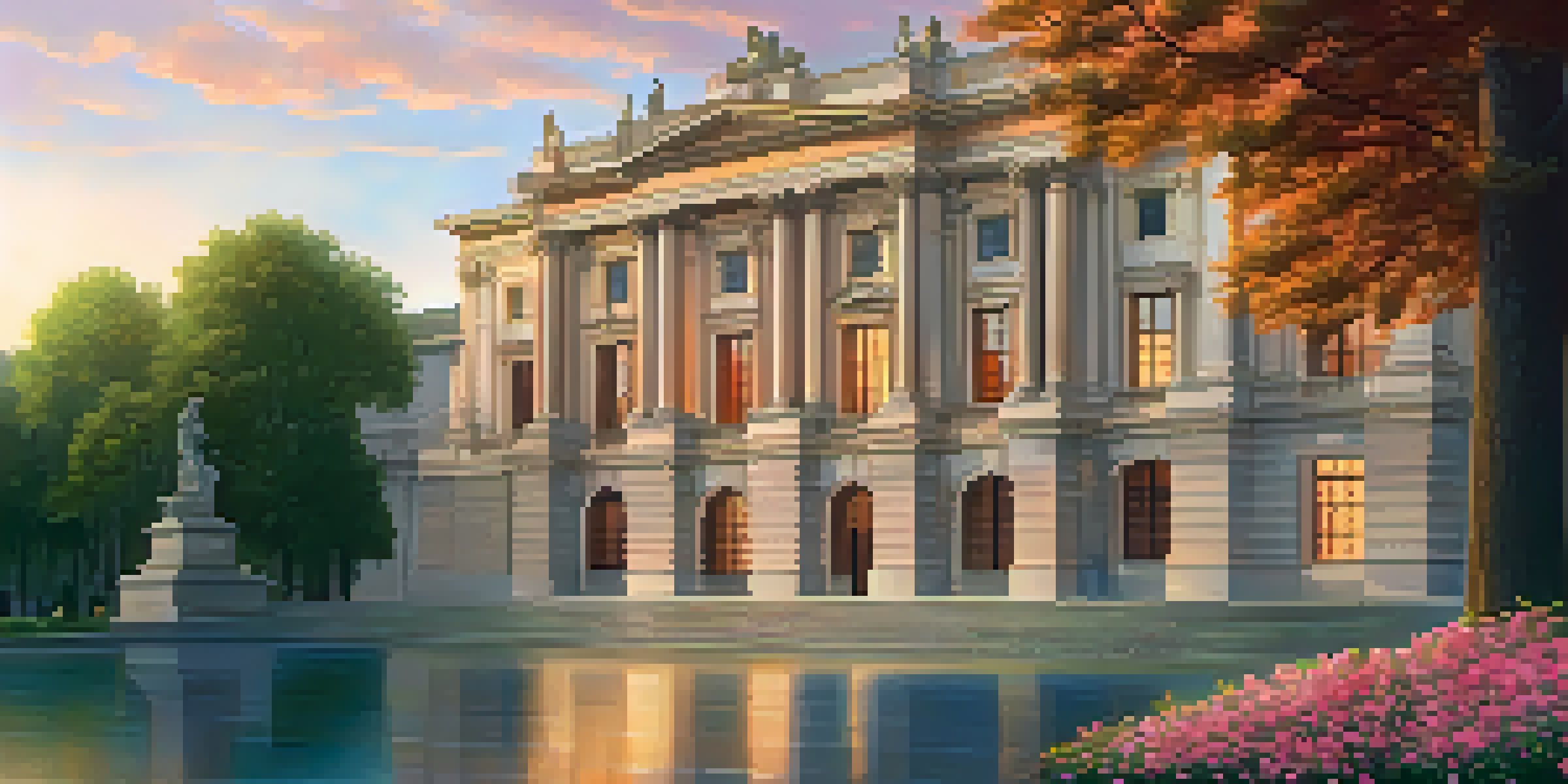 A picturesque view of the Museo del Prado at sunset, showcasing its neoclassical architecture and surrounding gardens.
