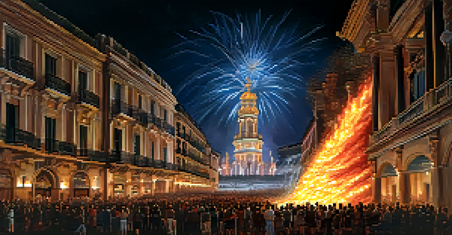 A dramatic night scene of a burning falla sculpture with fireworks lighting up the sky during the Fallas Festival.