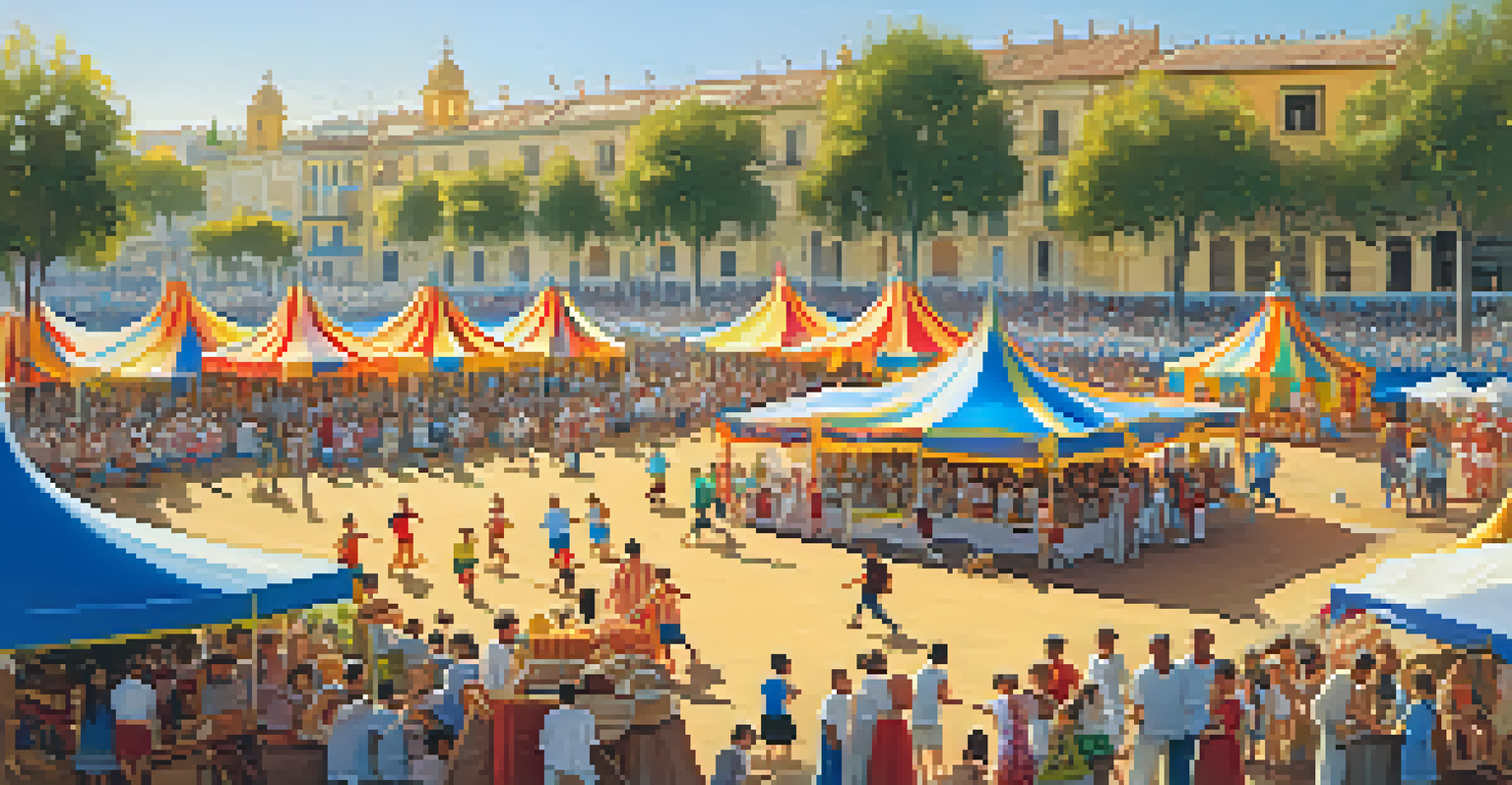 Families participating in sporting activities during the Feria de Abril in Seville with colorful tents around.