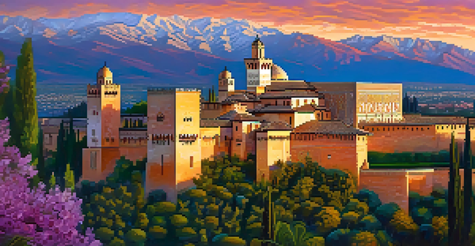 A stunning view of the Alhambra palace surrounded by mountains, with intricate architecture and colorful gardens under a sunset sky.