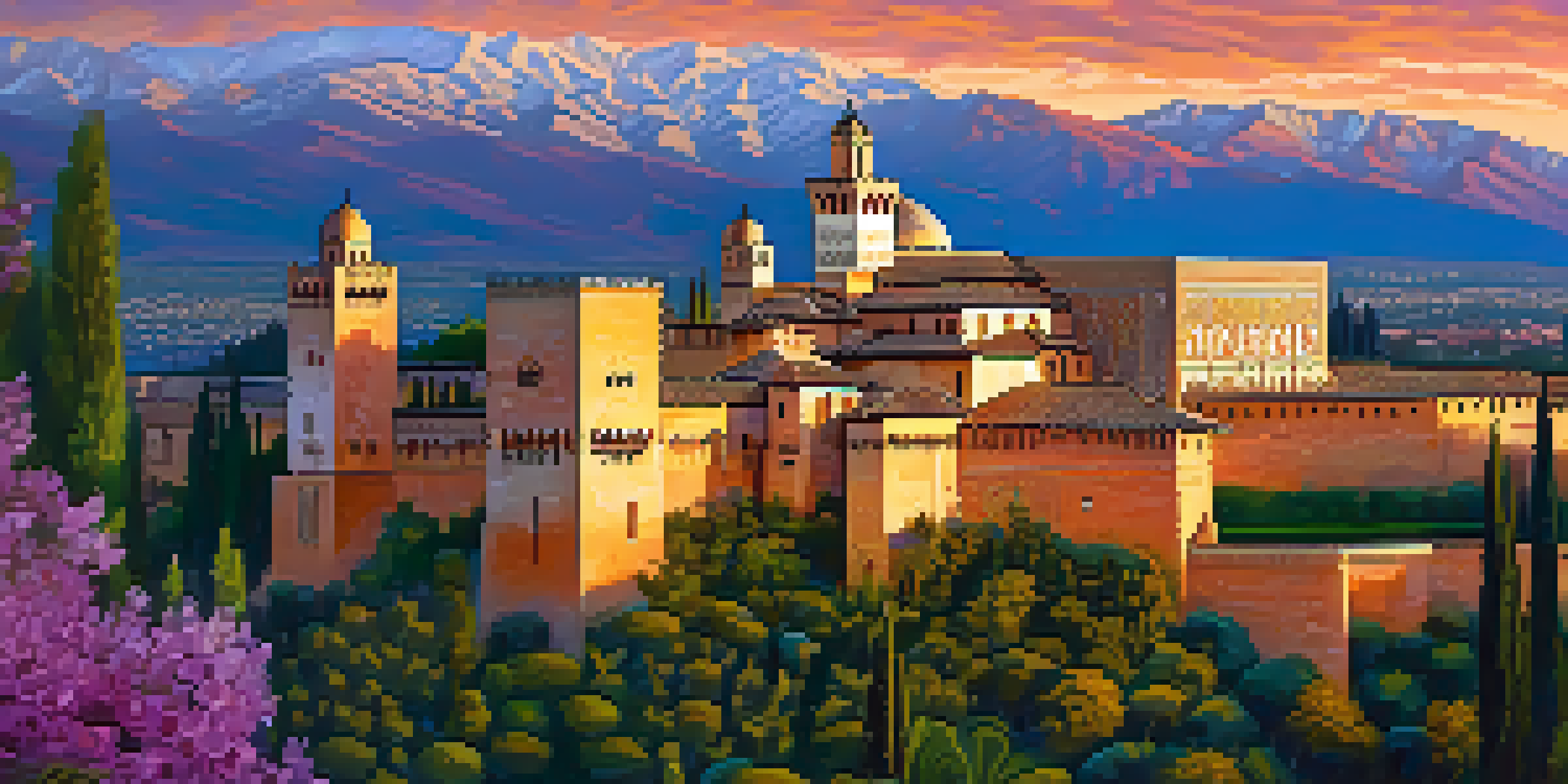 A stunning view of the Alhambra palace surrounded by mountains, with intricate architecture and colorful gardens under a sunset sky.