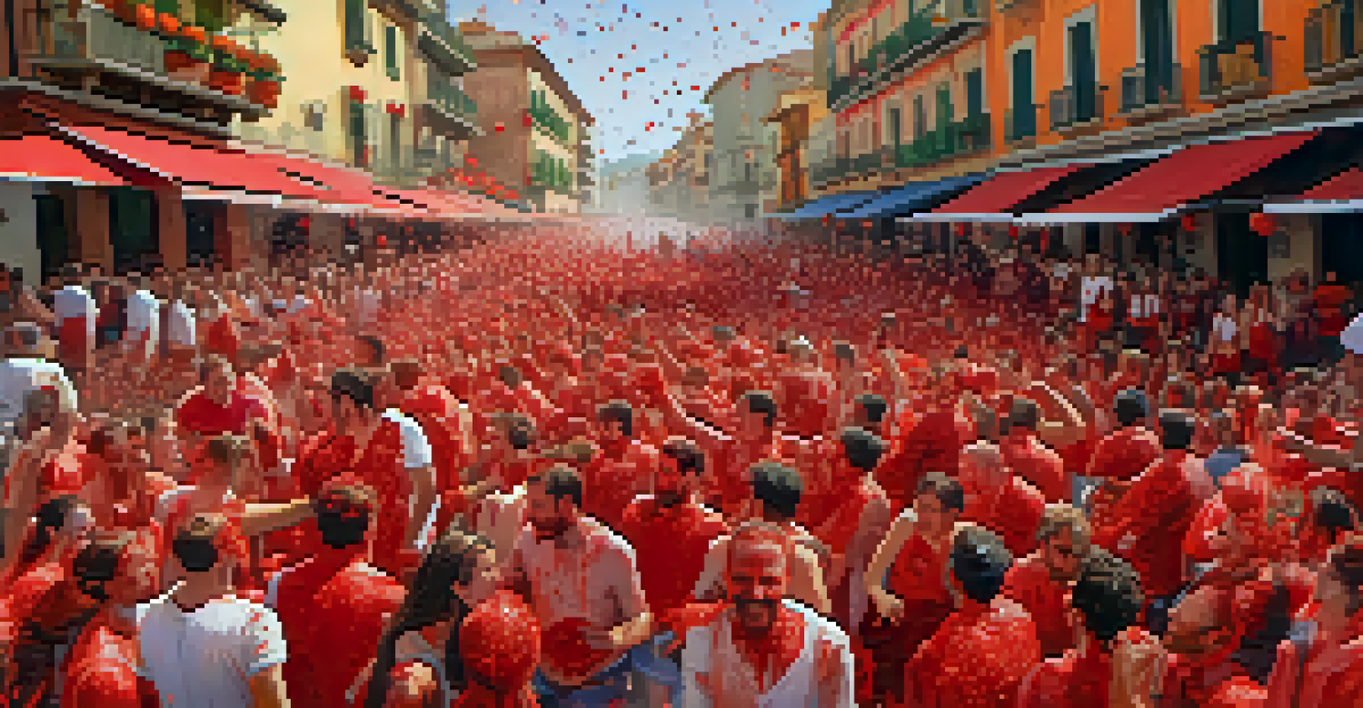 Participants enjoying La Tomatina festival, throwing tomatoes in a lively street filled with joy and colorful decorations.