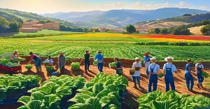 A group of diverse volunteers working together on an organic farm in sunny rural Spain, surrounded by green fields and blooming flowers.