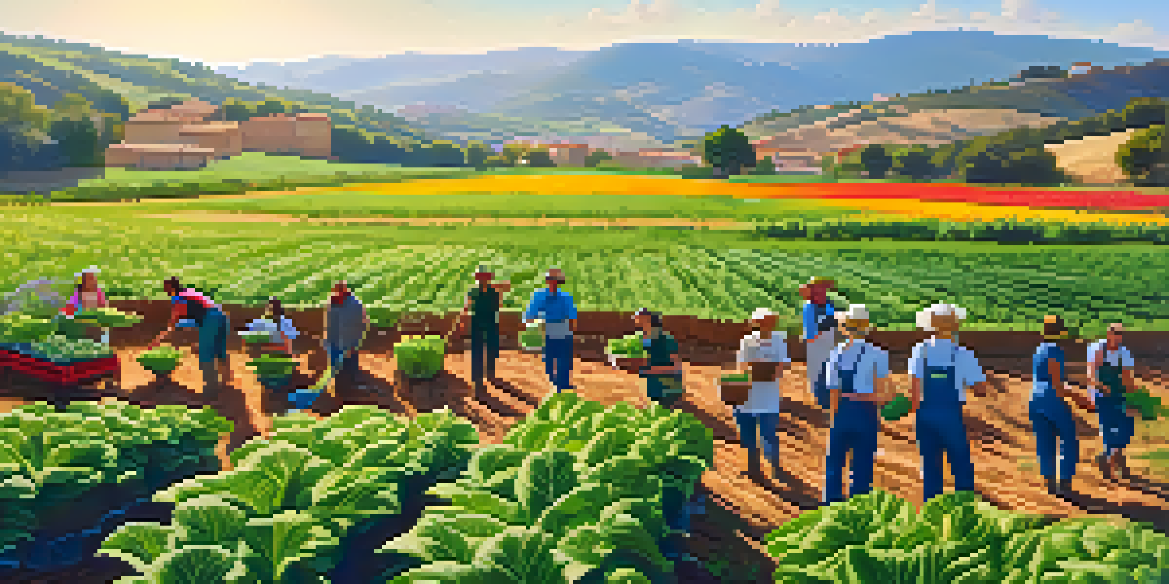 A group of diverse volunteers working together on an organic farm in sunny rural Spain, surrounded by green fields and blooming flowers.