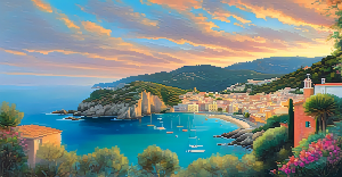 A scenic sunset over Costa Brava, featuring cliffs, a village, and turquoise waters.