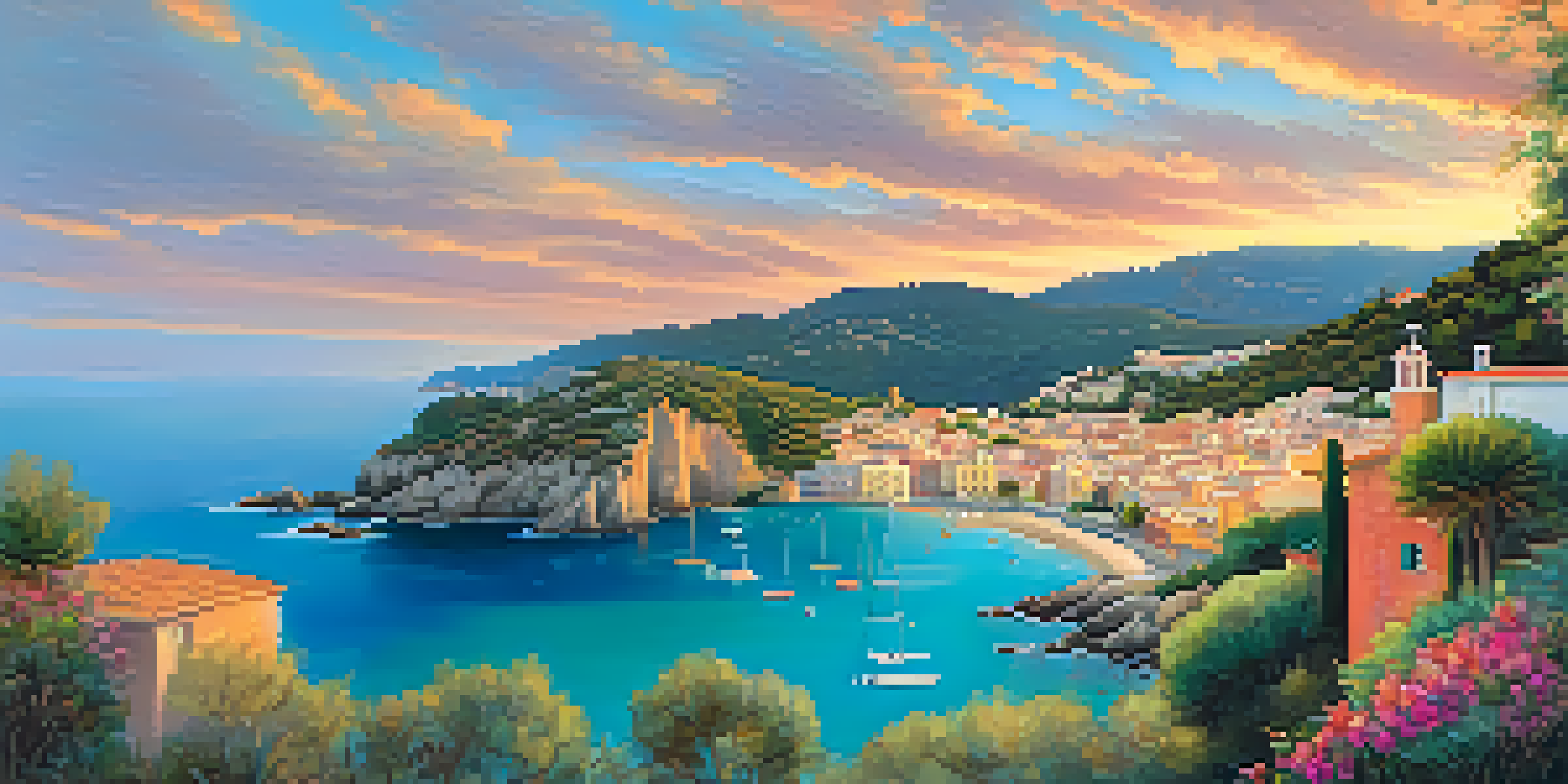 A scenic sunset over Costa Brava, featuring cliffs, a village, and turquoise waters.