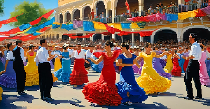 A lively festival scene with women in colorful flamenco dresses and men in traditional attire dancing in front of decorated tents.