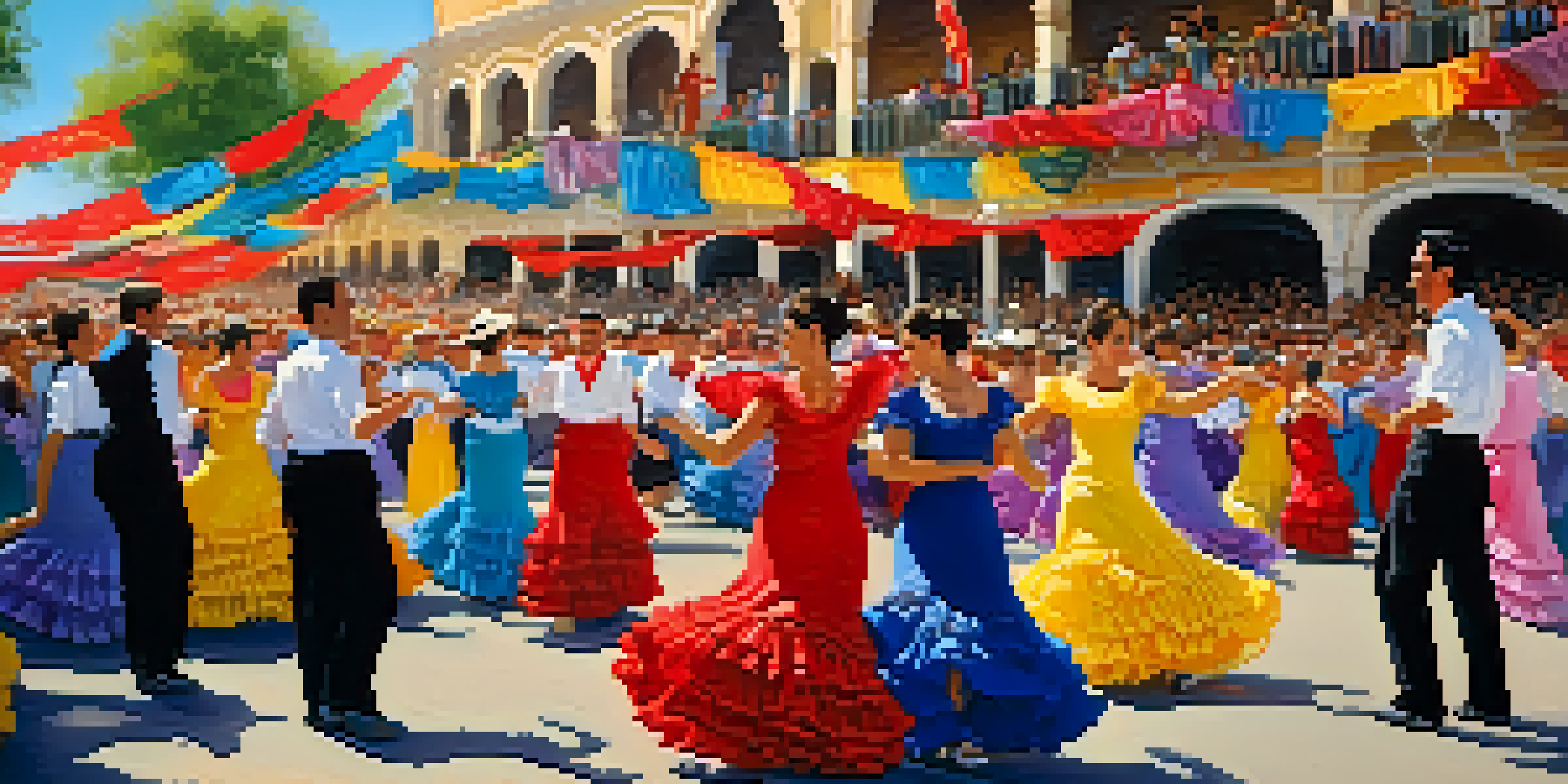 A lively festival scene with women in colorful flamenco dresses and men in traditional attire dancing in front of decorated tents.
