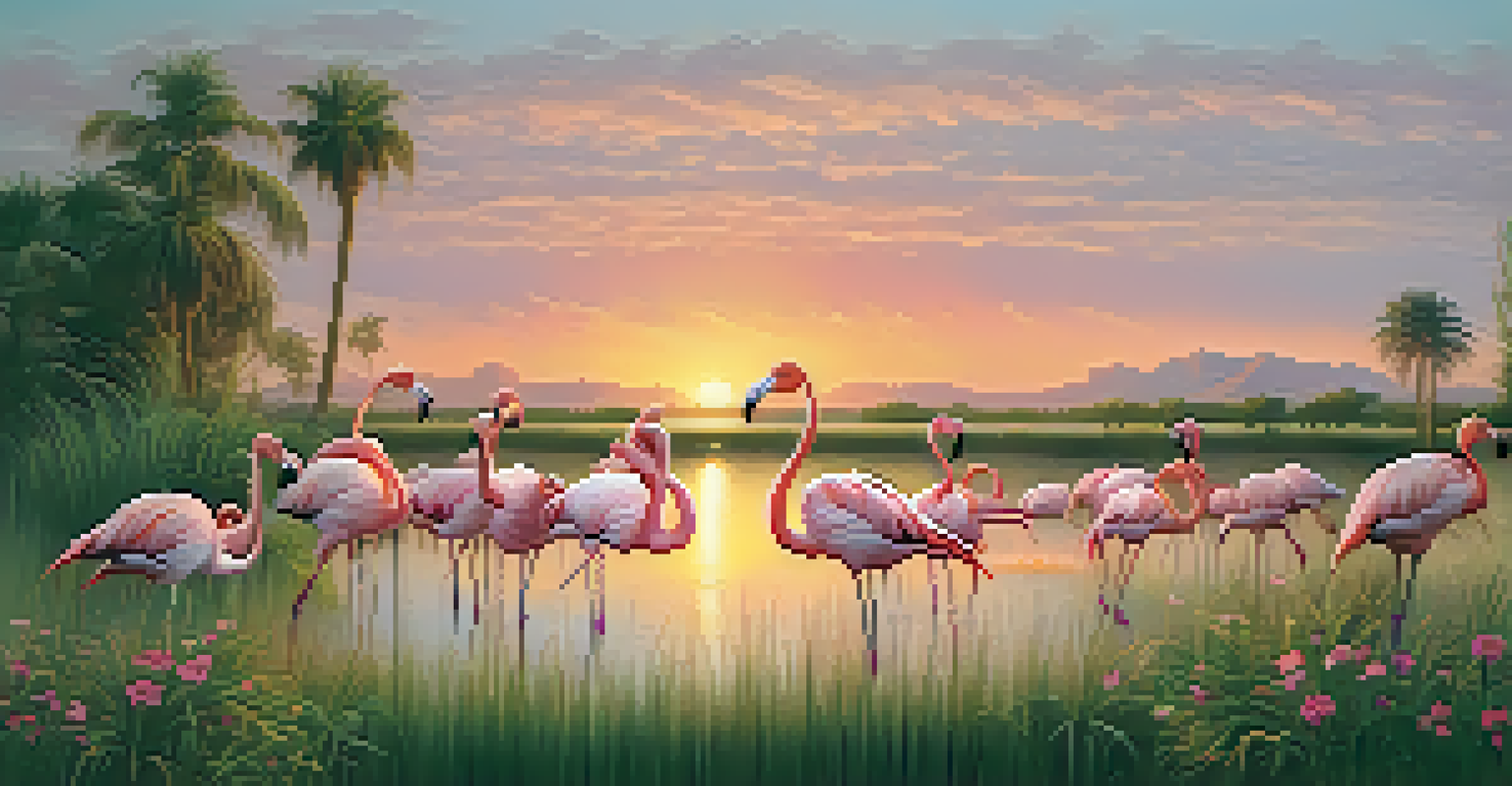 A group of flamingos standing in shallow water surrounded by greenery during sunset.
