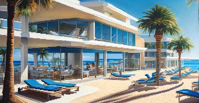 A beautiful beach in Costa del Sol with a modern medical facility nearby, patients relaxing under palm trees.