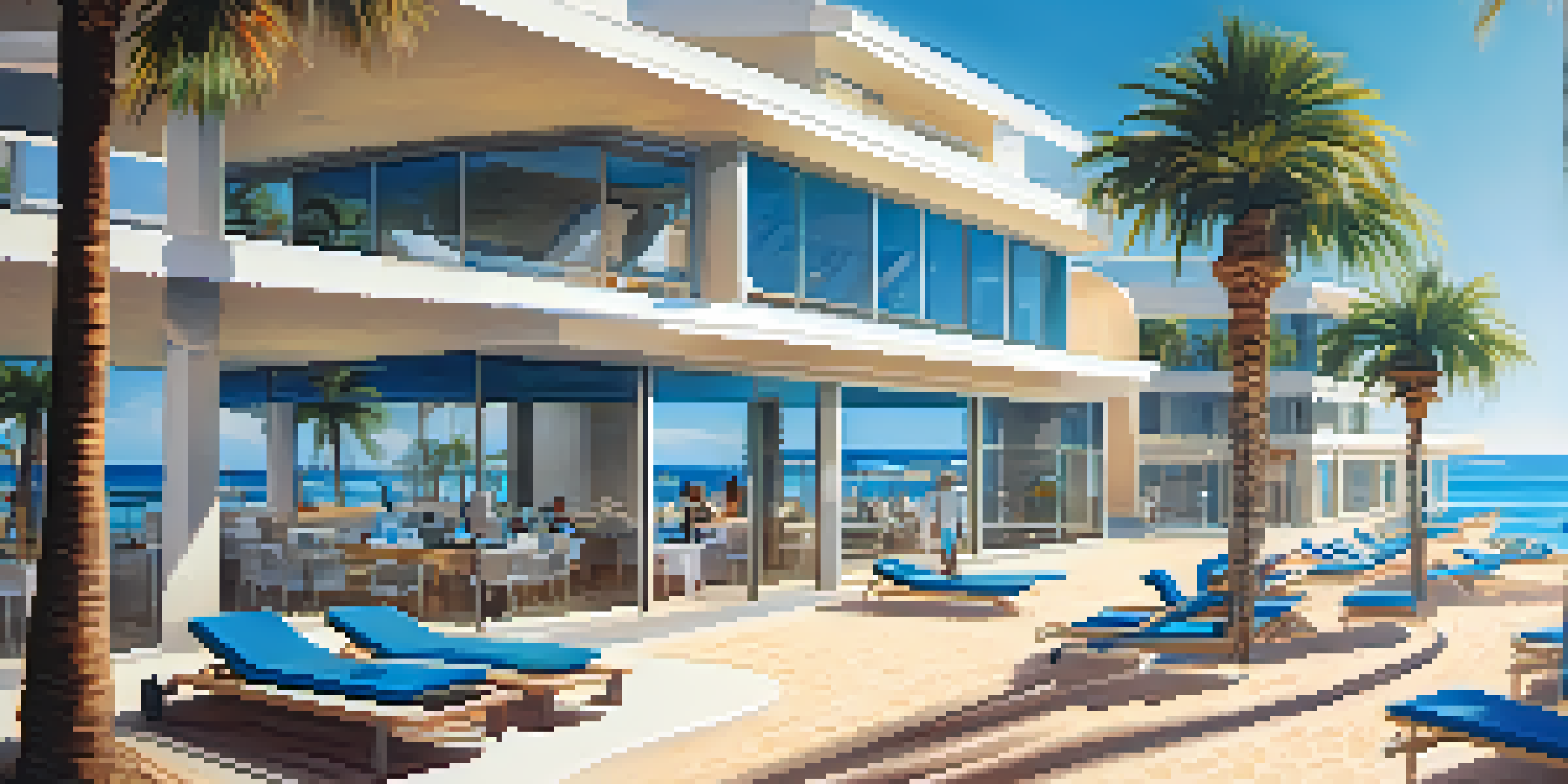 A beautiful beach in Costa del Sol with a modern medical facility nearby, patients relaxing under palm trees.