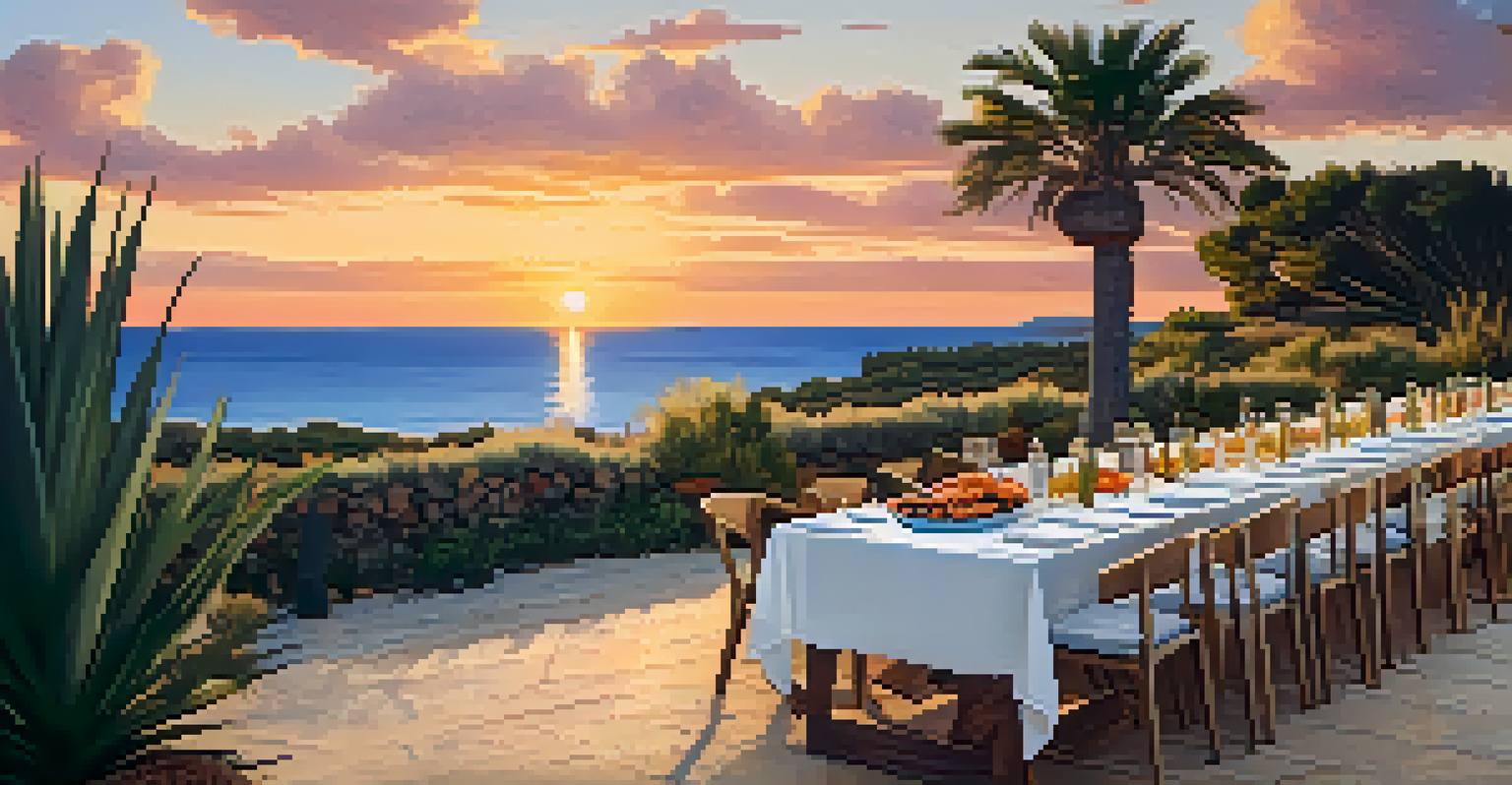 A picturesque outdoor dining setup with fresh seafood and vegetables, set against a backdrop of the Mediterranean Sea during sunset.