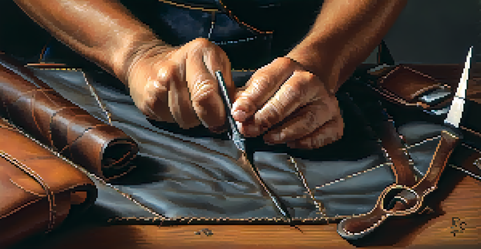 An artisan's hands stitching leather in a workshop, highlighting the craftsmanship and tools used in traditional leatherwork.