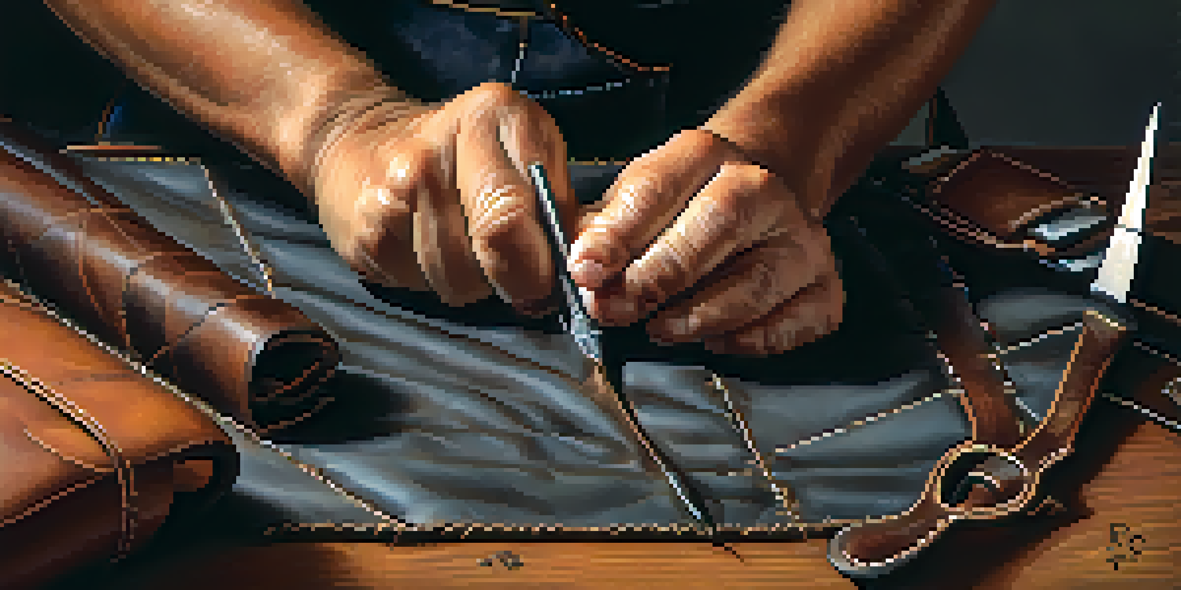 An artisan's hands stitching leather in a workshop, highlighting the craftsmanship and tools used in traditional leatherwork.