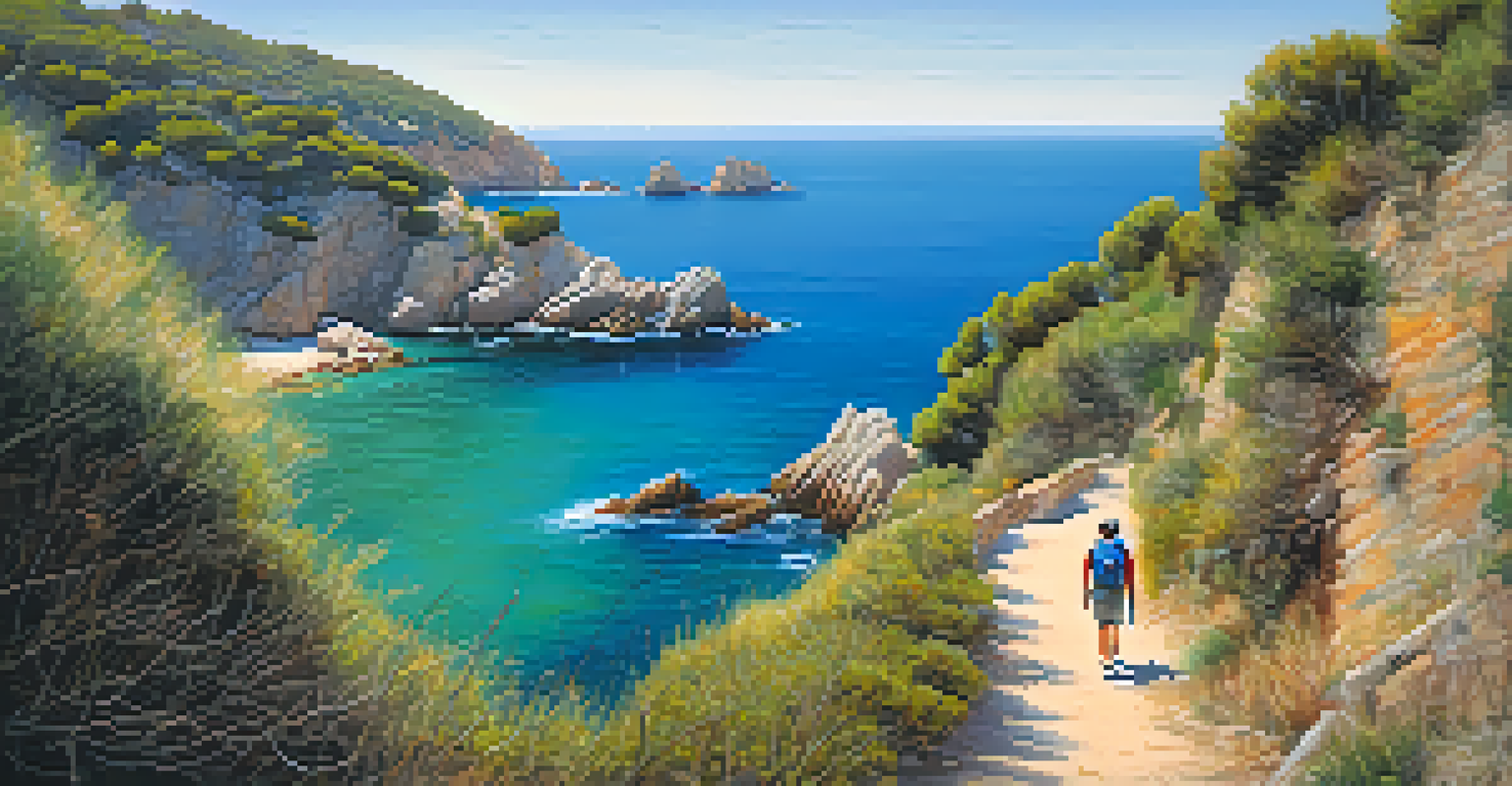 A hiker on a coastal trail overlooking the Mediterranean Sea, with dramatic cliffs and hidden coves in the background.
