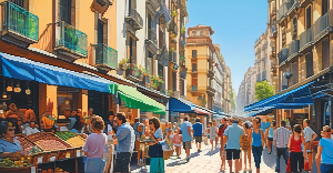 A lively street in Barcelona filled with colorful buildings, local vendors, and people enjoying the day under a bright blue sky.