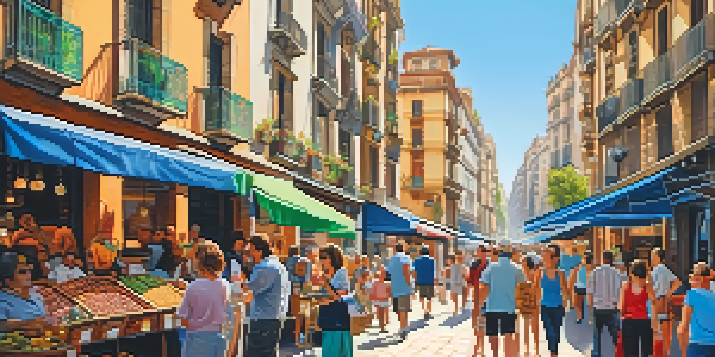 A lively street in Barcelona filled with colorful buildings, local vendors, and people enjoying the day under a bright blue sky.