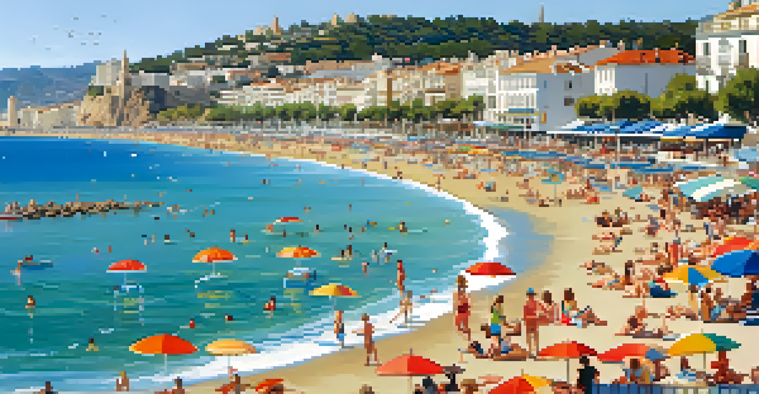 A scenic beach view of Platja de Sitges with families enjoying ice creams and gentle waves under a clear blue sky.