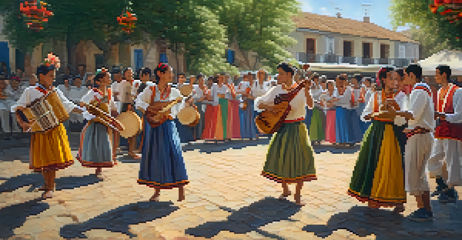 An outdoor festival scene with musicians and dancers performing, surrounded by an engaged audience in a charming village square.