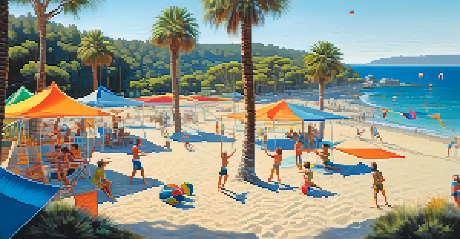 A family playing beach volleyball near their campsite with colorful tents and trees.