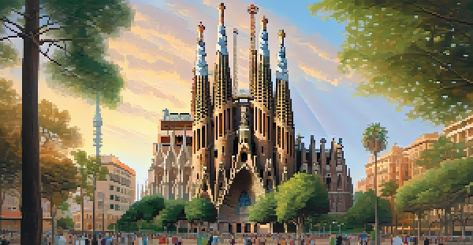 A stunning view of the Sagrada Família illuminated by the warm light of the golden hour, with greenery and people in the foreground.