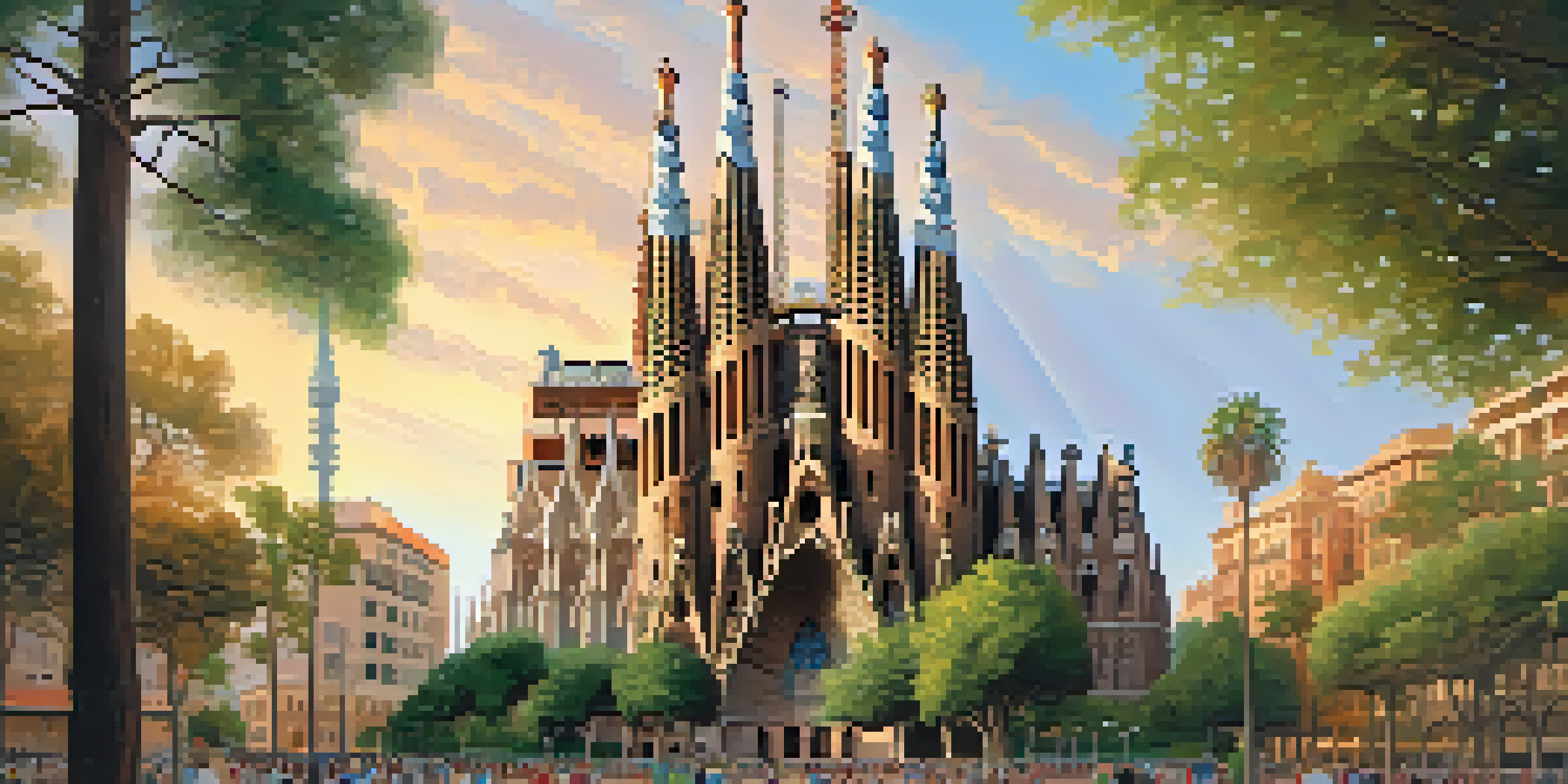 A stunning view of the Sagrada Família illuminated by the warm light of the golden hour, with greenery and people in the foreground.