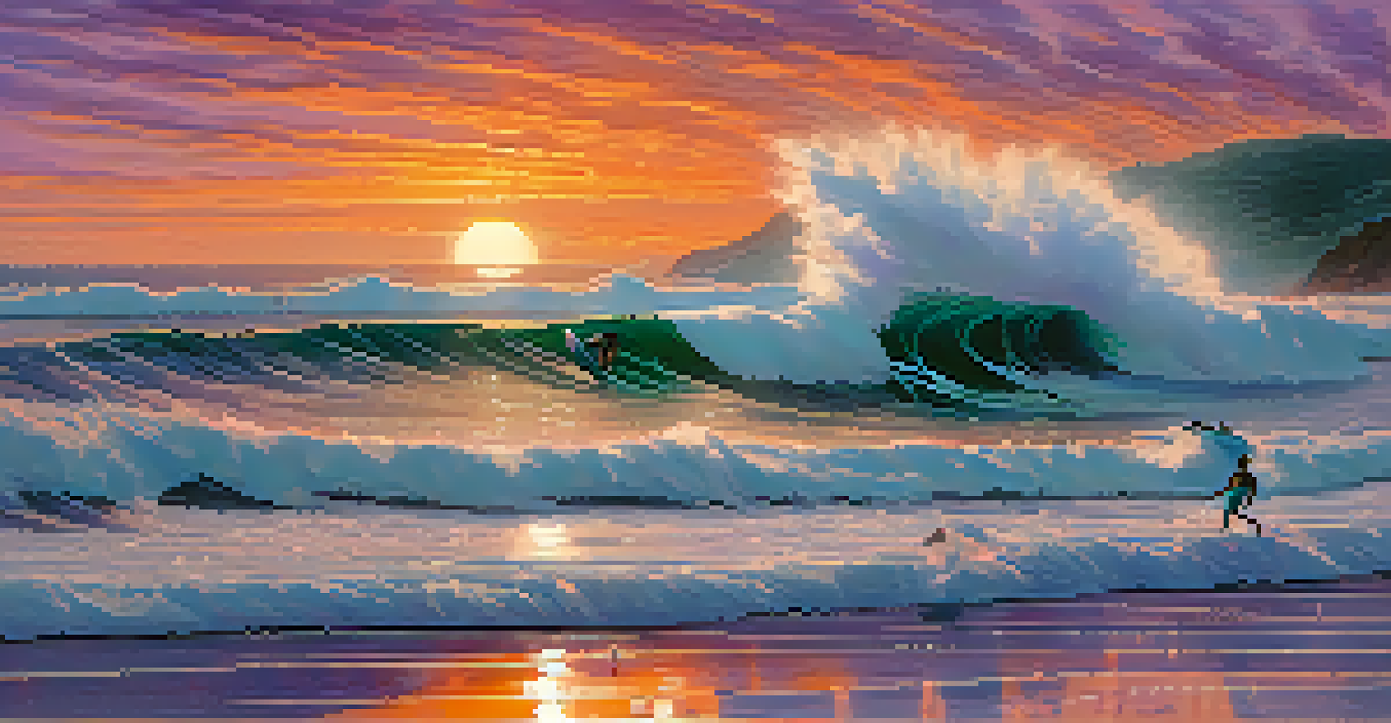 Surfers riding waves at sunset during the Surf Open in Zarautz, with a colorful sky and ocean reflections.