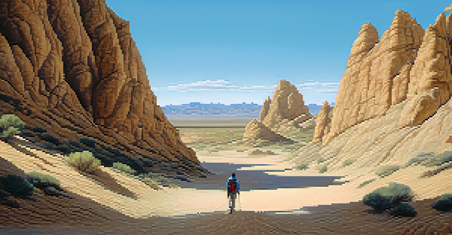 A scenic hiking trail in the Almería Desert with dramatic rock formations and a hiker in the foreground.