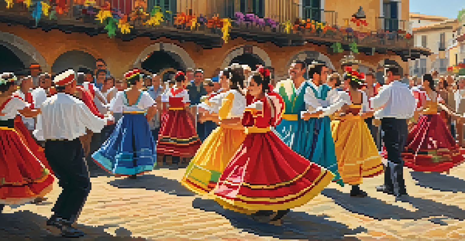 A vibrant village festival in Spain with people dancing the jota in traditional costumes.
