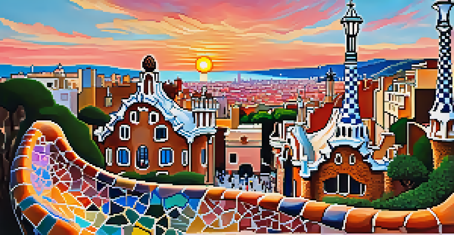 A stunning view of Park Güell in Barcelona, featuring colorful mosaics and unique architectural designs amidst greenery, with a sunset backdrop.