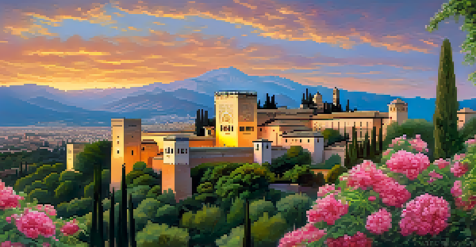 A sunset view of the Alhambra in Granada, showcasing its intricate architecture and surrounding gardens.