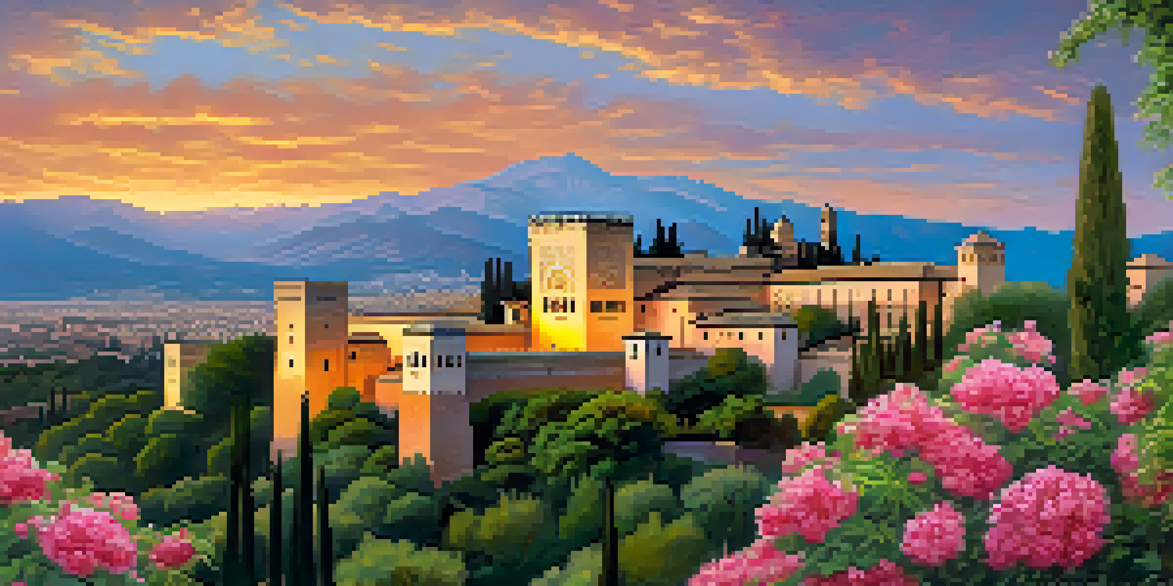 A sunset view of the Alhambra in Granada, showcasing its intricate architecture and surrounding gardens.