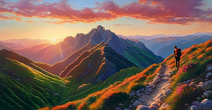A hiker stands in the foreground, admiring the stunning sunrise over the Pyrenees mountains, with vibrant orange and pink skies above lush green valleys.