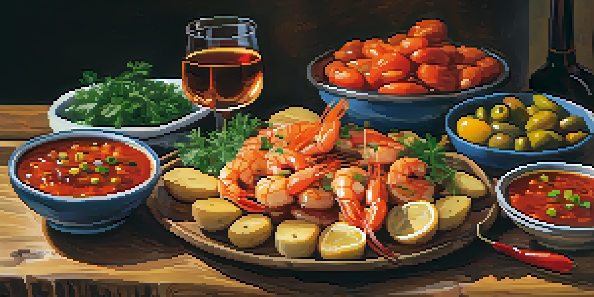 A rustic wooden table displays a colorful assortment of tapas, including crispy potatoes, olives, and garlic shrimp, with warm lighting creating an inviting atmosphere.