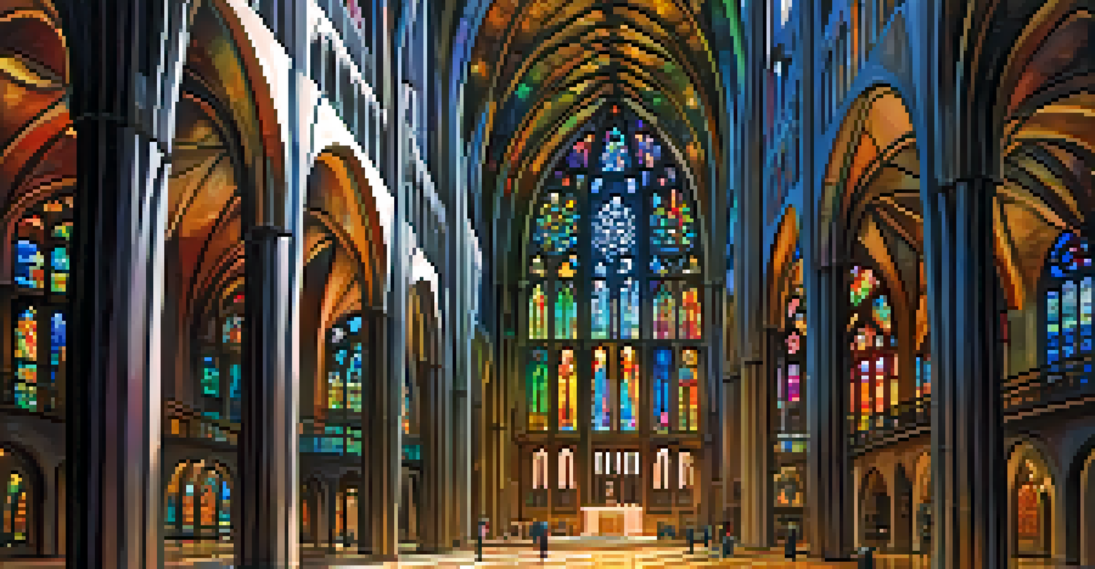 The interior of the Sagrada Família basilica in Barcelona, highlighting colorful light from stained glass and architectural details.