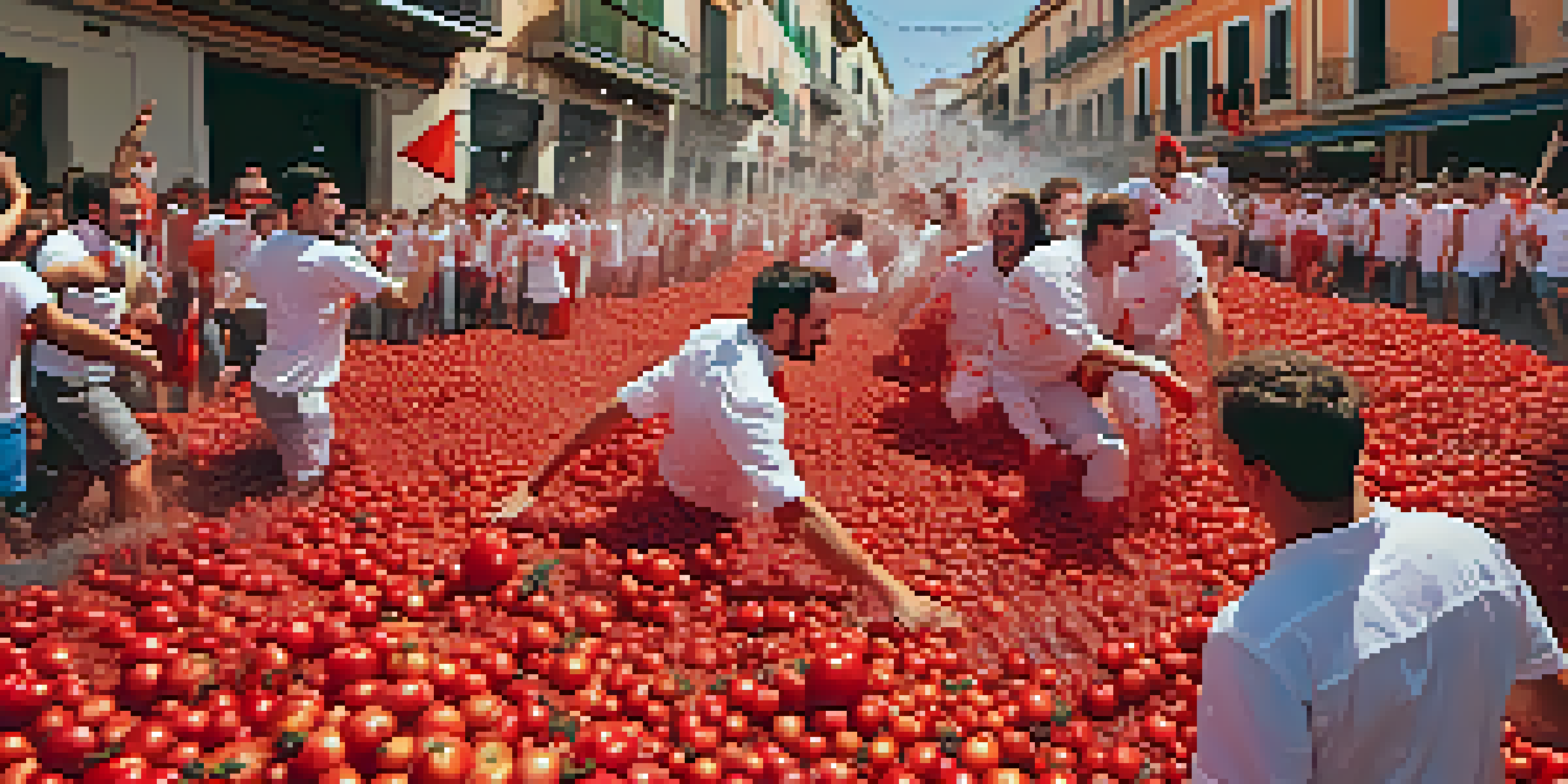 A lively festival scene with people throwing tomatoes, creating a colorful mess in the streets of Buñol, Spain.