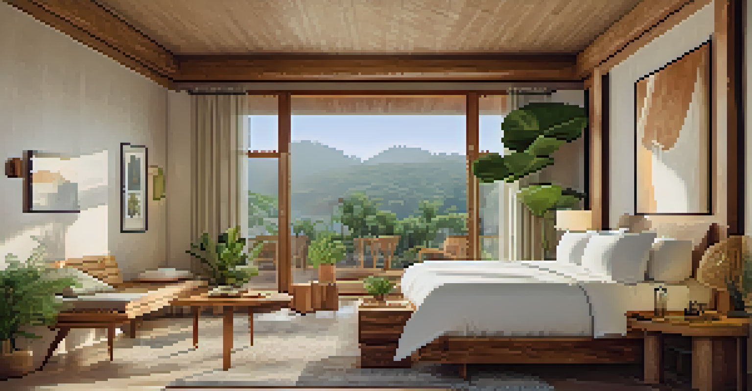 An eco-friendly hotel room with natural wood furniture, organic textiles, and bright sunlight.